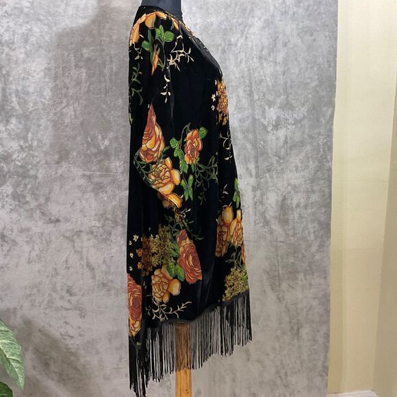 Daniel Rainn Women M Velour Boho Open Front Cardigan Kimono Topper Fringe gypsy - Picture 2 of 9